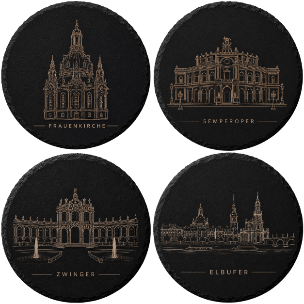 4er Set Schieferuntersetzer Dresden, rund – Wahrzeichen Edition