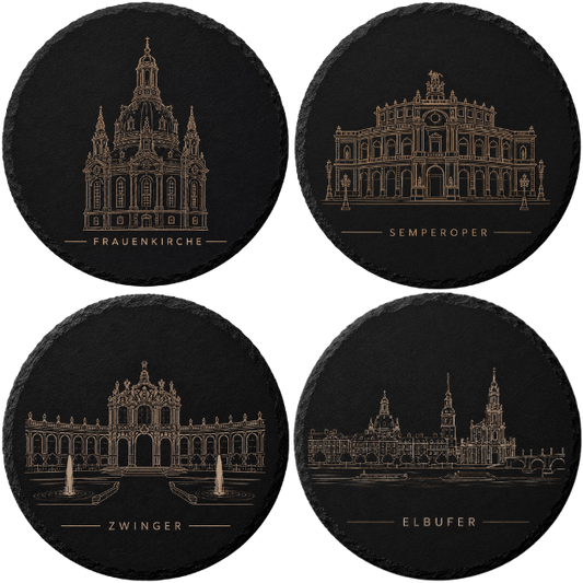 4er Set Schieferuntersetzer Dresden, rund – Wahrzeichen Edition
