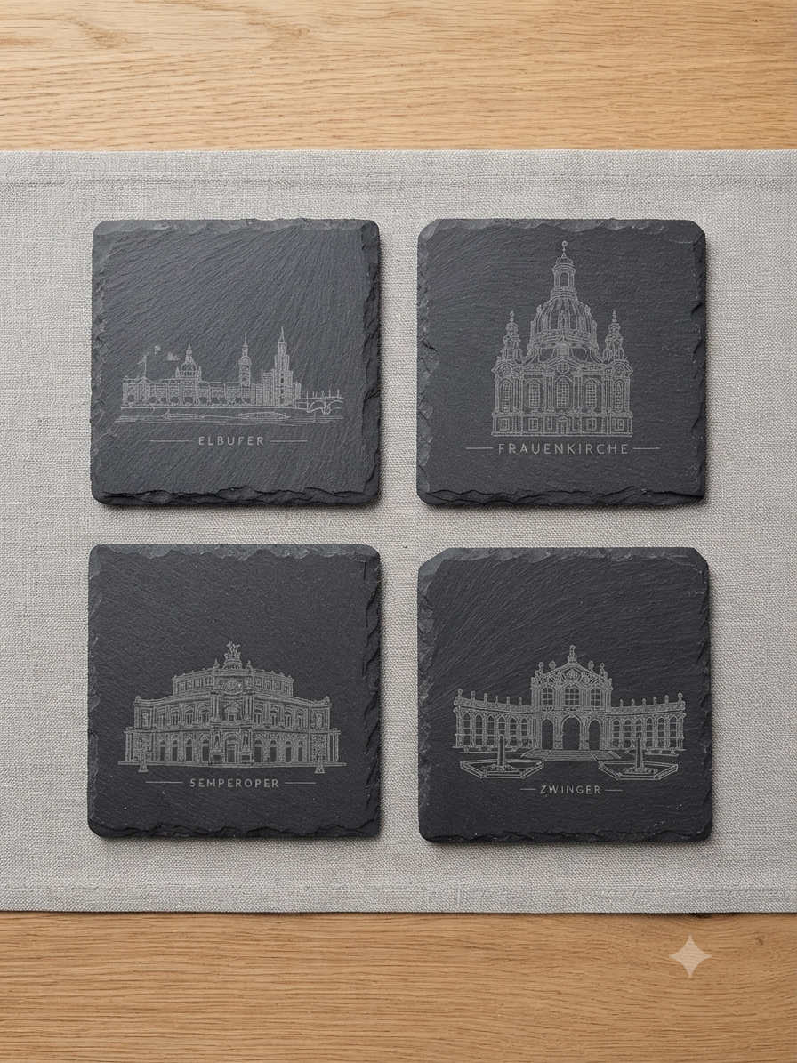 4er Set Schieferuntersetzer Dresden, rechteckig – Wahrzeichen Edition
